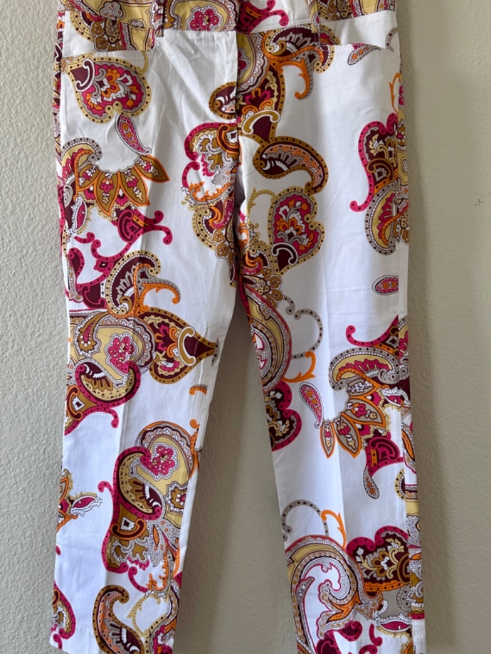 Cache White Paisley-Print Straight Leg Pants with Pink & Gold Accents